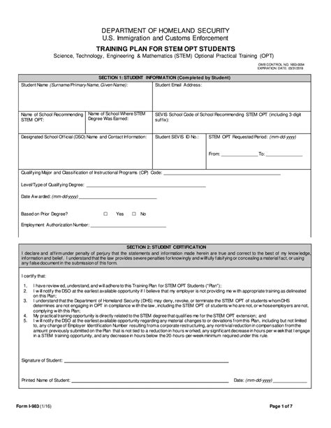 Complete the "Final Evaluation on Student Progress" section on page 5 of Form I-983 within 10 days of the employment end date. Submit all 5 pages. Change of Status (i.e. change status from F-1 to H-1B) Complete the "Final Evaluation on Student Progress" section on page 5 of Form I-983 within 10 days of the effective date of their new status.. 