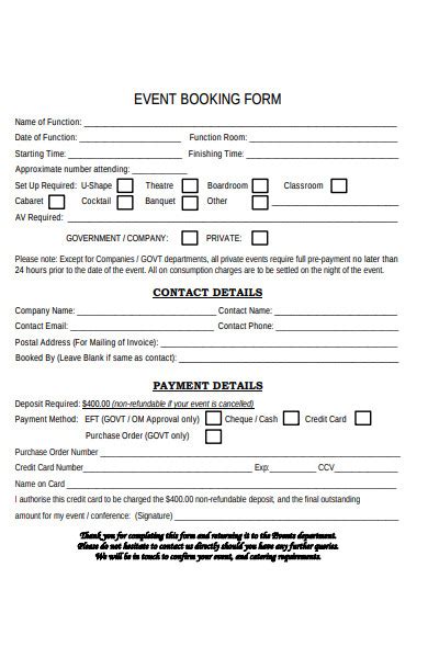 Event Booking Form Template Word