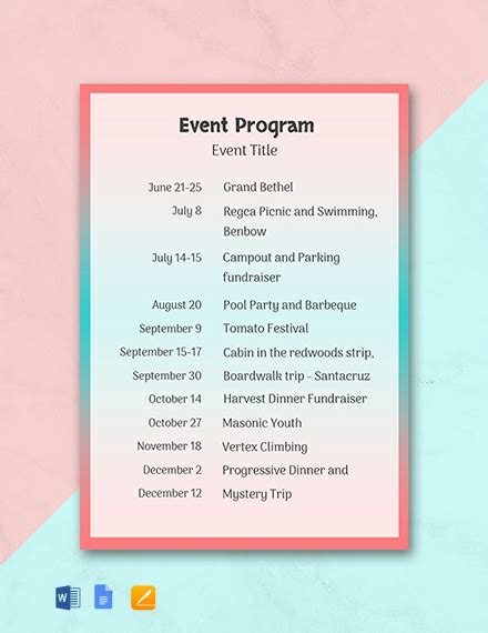 Event Program Template Google Docs, Word, Apple Pages
