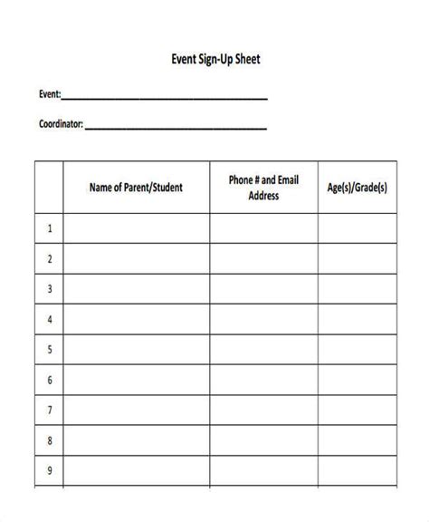 Event Sign Up Sheet Template Word