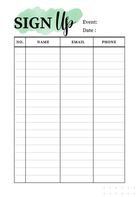 Event Sign Up Sheet Template Word