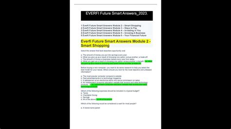 Everfi module 6 answers. EverFi New Module 1 2023 - Savings - /21 Final Quiz Answer. EverFi New Module 1 2023 - Savings - /21 Final Quiz Answer Exam; $6.45 ; 0 ; 88 ; EverFi New Module 2 2023 - Smart Shopper/12 questions and answers. EverFi New Module 2 2023 - Smart Shopper/12 questions and answers Exam; $3.45 ; 0 ; 82 ; EVERFI NEW Module 3 - Budgeting/31 Questions ... 