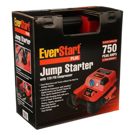 The EverStart 750 Peak Amp Jump Starter/Power Station JUS750CE has everything you will need to get through most roadside emergencies, including integrated jumper cables, a built-in LED work light, and a digital compressor with auto-stop functionality. It is also perfect for recharging personal electronics on-the-go with dual USB ports.. 