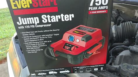 EVERSTART 750 Amp Jump Starter w/120 PSI Digital Compressor, Heavy Duty Clamps w/Reverse Polarity Alarm The Everstart 750 Amp Jump Starter is a roadside device designed to help the user get the car started in an emergency and to inflate a tire with low air. I was excited to get this item to review.. Everstart 750 jump starter how to use