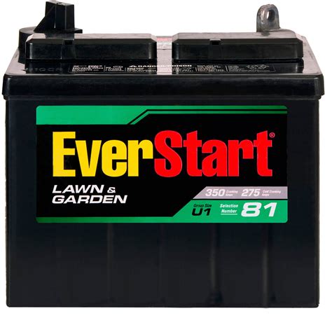 Everstart u1p-7. The U1R-7 is a lawn and garden battery geared specifically for lawn tractors and riding lawn mowers. The specifications for the battery include the dimensions, warranty and maintenance. Dimensions The U1R-7 is smaller battery able to fit beneath the seat or in the engine of most gas-powered lawn tractors or mowers. 
