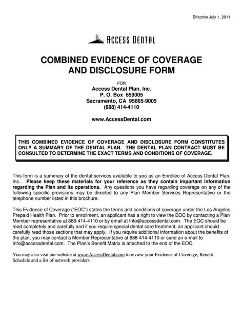 Evidence of Coverage and Disclosure Form