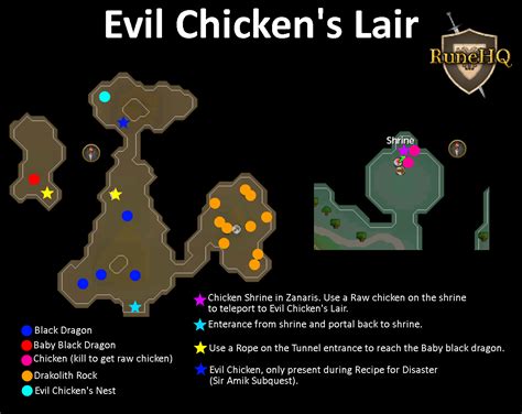 The Evil Chicken Lair is a small cave consisting of four Black Dragons and one Baby Black dragon. You'll need to have started the Sir Amik Varze part of the Recipe for Disaster quest and use a raw chicken on the Evil Chicken statue in Zanaris (The Lost City) to enter the cave. If you want to kill the Baby Black Dragon you'll need to use a rope .... 