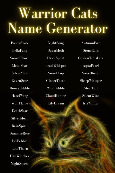 With our Warrior Cat Name Generator, you can breathe life into your characters and create names that will be remembered for generations to come. Explore, create, and become a part of the Warrior Cats legacy with the help of our Warrior Cat Name Generator. Whether you're looking for warrior cat name ideas, clan-specific names, or a comprehensive .... 