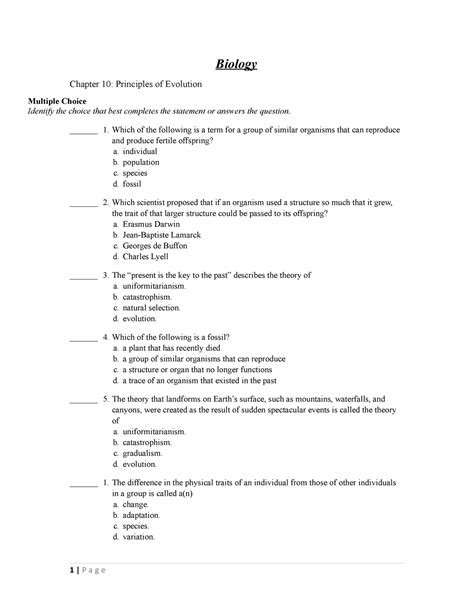 Evolution Chapter Test Practice Answer Key