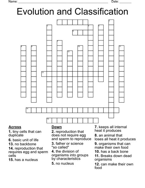 Evolution and Classification Vocabulary Crossword WordMint