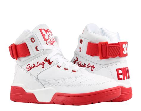 Ewing athletics. The flagship Ewing Athletics shoe, the 33 HI, is an exact retro of the 1990 original. It features a classic reversible ankle strap that can be worn on the front or back of the shoe and a full-length PU midsole for cushioning. Available in Men's Sizes 5-16. Product # 1BM00588-055. 