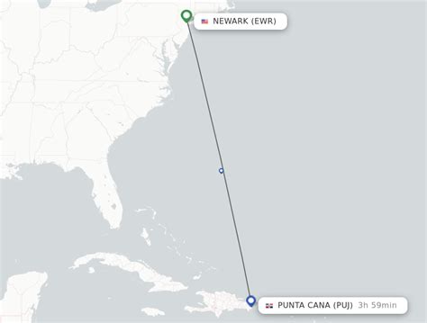 All flight schedules from Newark Liberty International , New Jersey , USA to Punta Cana International Airport, Dominican Republic . This route is operated by 2 airline (s), and the flight time is 4 hours and 11 minutes. The distance is 1575 miles. USA..