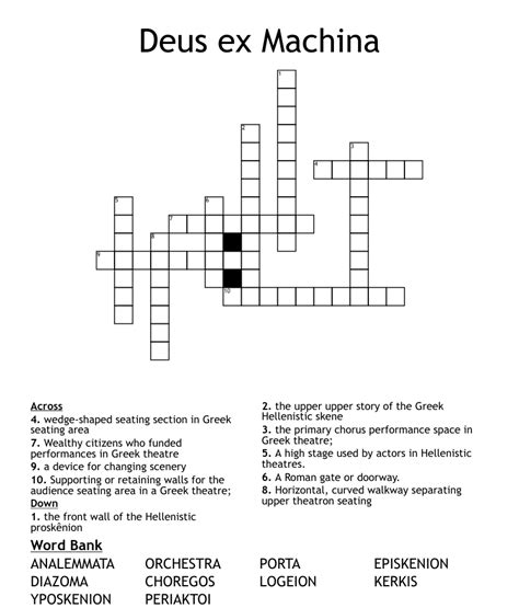 Ex Machina Crossword Clue. Ex Machina. Crossword Clue. The crossword clue __ ex machina with 4 letters was last seen on the December 20, 2022. We think the likely answer to this clue is DEUS. Below are all possible answers to this clue ordered by its rank. You can easily improve your search by specifying the number of letters in the answer. Rank.. 