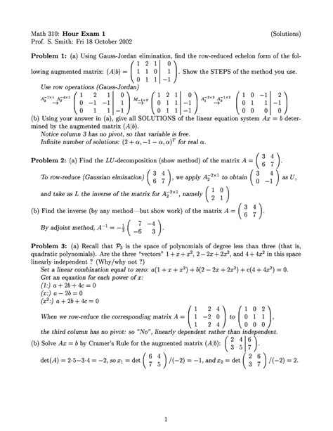 Exam 1 Solutions For Applied Linear Algebra Math 310 Docsity