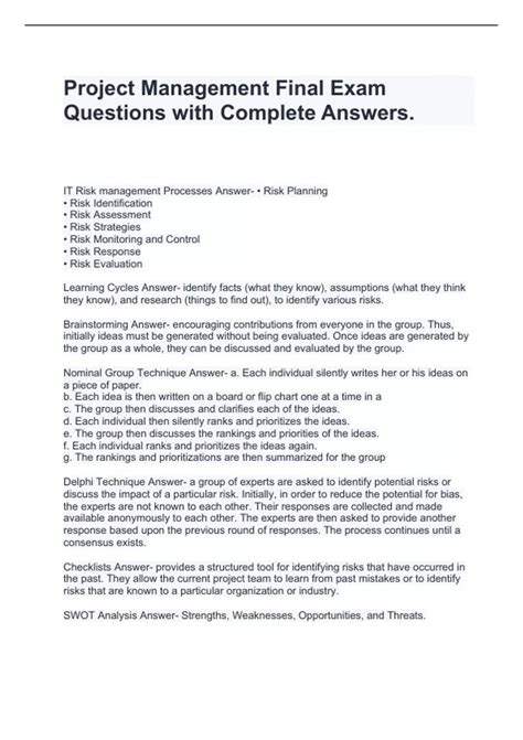 Exam Questions And Answers On Project Management