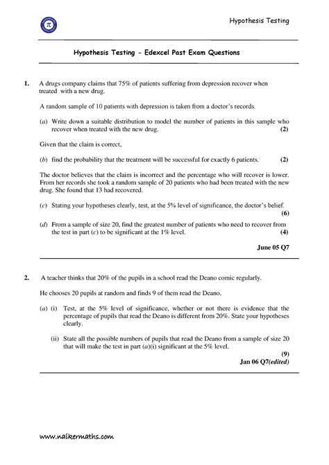 Exam Questions Hypothesis Testing