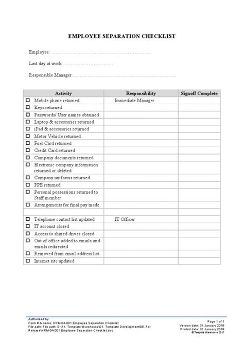 Example Employee Separation Checklist Template