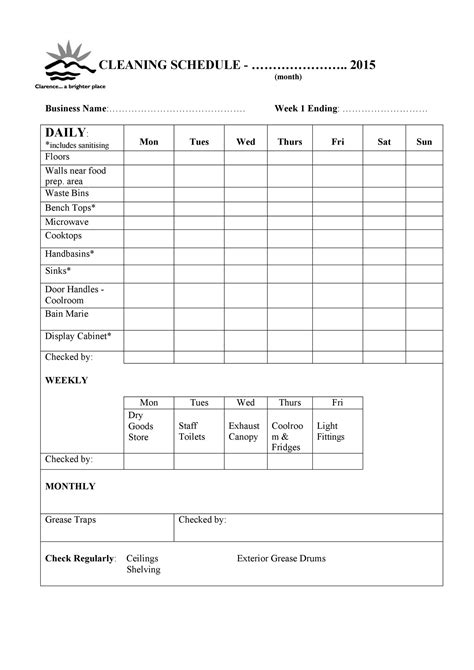 Example Registration Form Cleaning Schedule Templates, Checklist