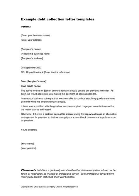 Example debt collection letter templates in Word and Pdf formats page