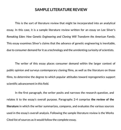 Example of a literature review. A literature review is "a comprehensive survey of the works published in a particular field of study or line of research, usually over a specific period of time ... 