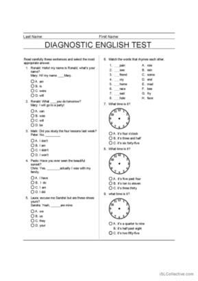 Example of diagnostic test in english.  Start Practicing Now II.  An answer key is provided at...