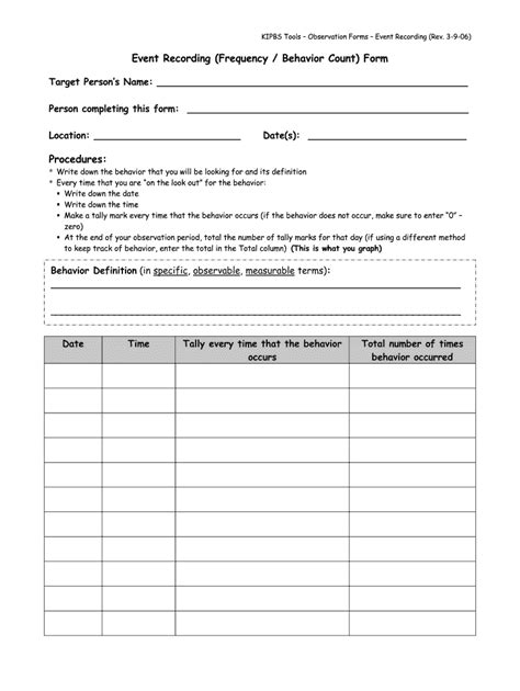 Event Recording Form Student: Date: Class/ Teacher: Observer: Behavior: Instructions: Make a mark each time the behavior occurs. Time Tally Total Ex.: 8:30-9:00 am //// //// // 12 Additional comments: Note: Event or frequency indicates how frequently a behavior occurs during a specified period of time.