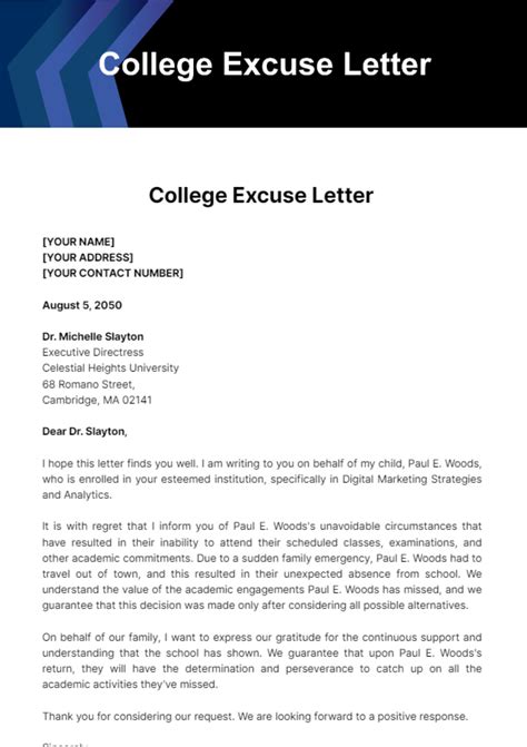 Example of excuse letter in college