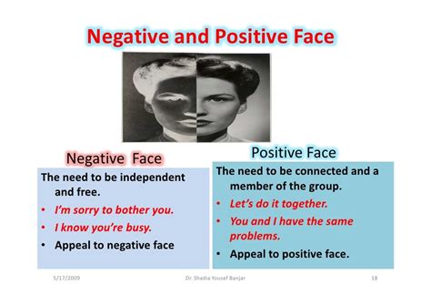 Negative face reflects an individual's need for freedom of action, freedom from imposition, and the right to make one's own decisions. Together, these types of face respect the face needs covered previously, which include an individual's face needs for autonomy and competence.. 
