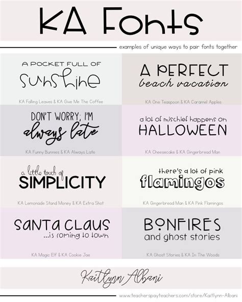 Examples of KA Fonts Pairings with handmade script and lettering. All