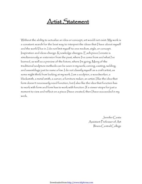 Examples of artist statements. describe an example of your work and how it encompasses your thesis statement from earlier. ... Artist’s. Statements” By Jackie Battenfield. A comprehensive handbook that provides the information, tools, and techniques, for developing and sustaining a successful art career. (See above image, it will take you to the … 
