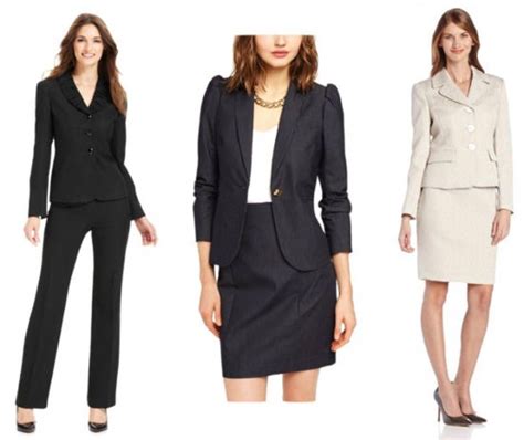 Women may wear a formal dress, sometimes floor length, depending on the occasion. They can also wear a dark pantsuit, skirt suit or a suit dress. Example business attire for women. Here are some popular examples of women's business attire: Trousers. The most common trousers for women's office attire follow a business casual style.. 