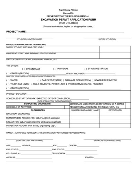 Excavation Permit Application Form For Utilities Department Of The