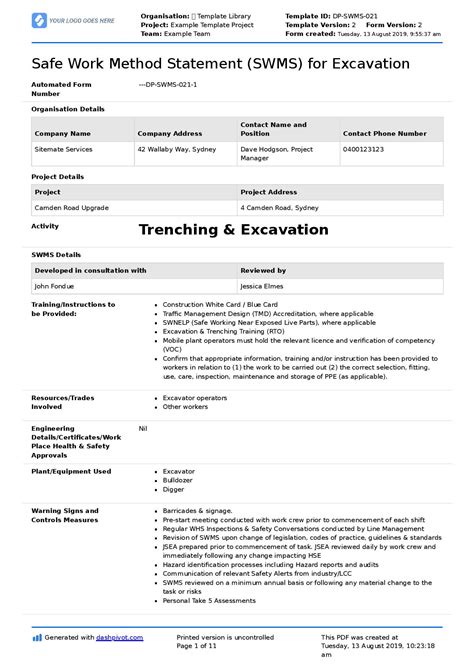 Excavation Safe Work Method Statement Free Swms For Excavation