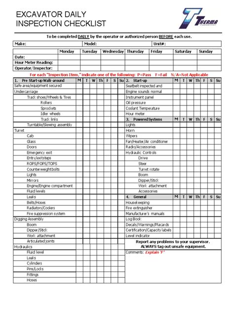 ExcavatorDailyInspectionChecklist Wheeled Vehicles Vehicles