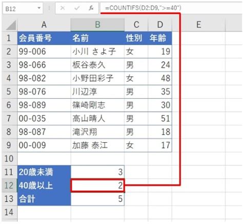 Excelで再びCOUNTIFS関数、名簿で「30歳以上」または「男」の人数を求める …