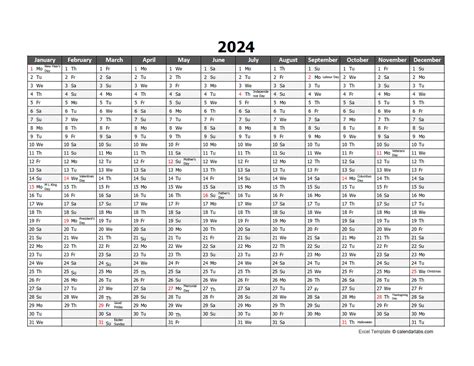 Excel 2024 Calendar Template