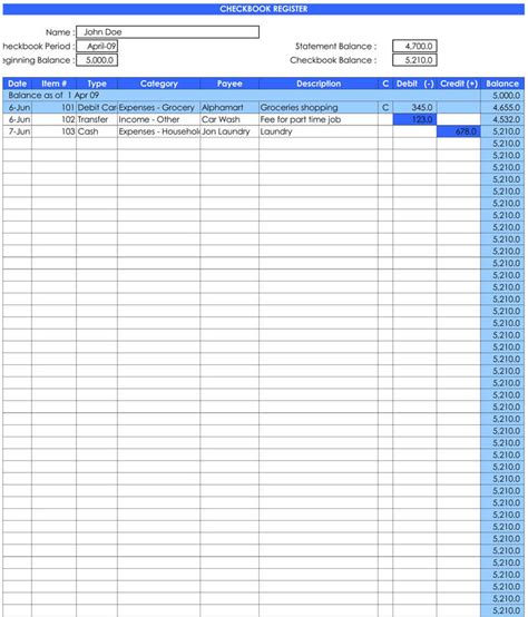 Excel Checkbook Register Template Sample Templates Sample Templates
