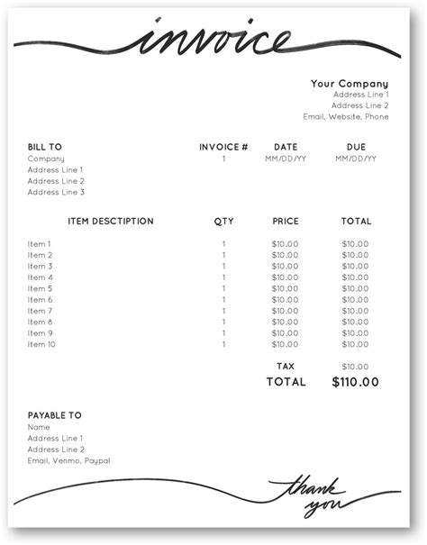 Excel Invoice Cursive Handwriting Pretty Invoice Etsy Cursive