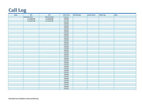 Excel Printable Call Log Template