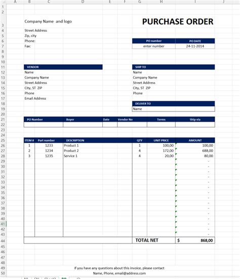 Excel Purchase Order Template Database