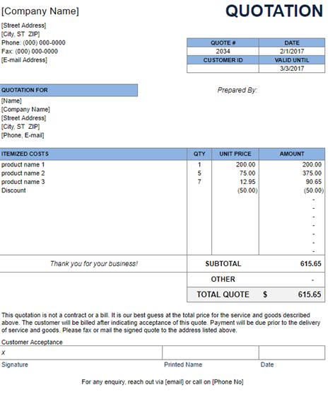 Excel Quotation Format Template Business Format