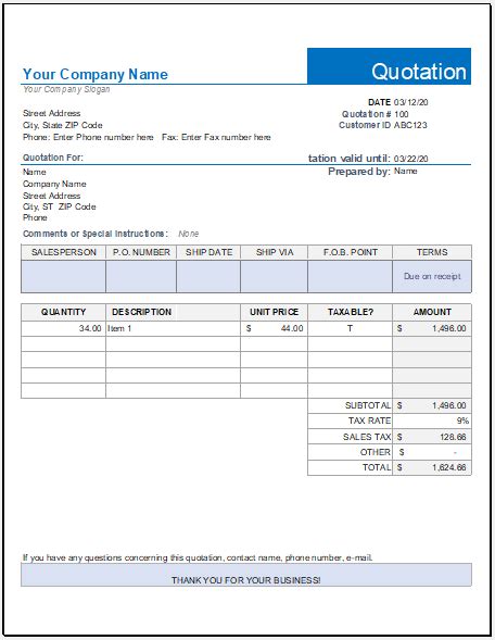 Excel Quotation Template pulp