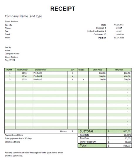 Excel Template Free Receipt Template for Microsoft Excel by ExcelMadeEasy