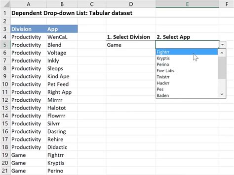Excel dependent drop down list on tabular data