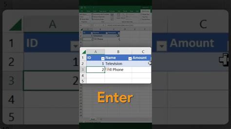 Excel id column.  Now each time you press the tab key a new auto increment ID...