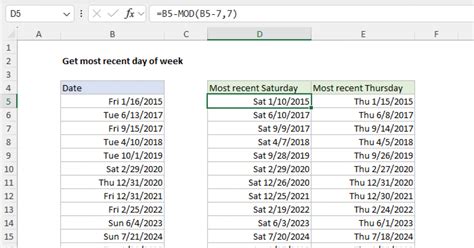 Excel last day of week.  most recent Monday, Tuesday, Wednesday, etc.  In the example shown, t...