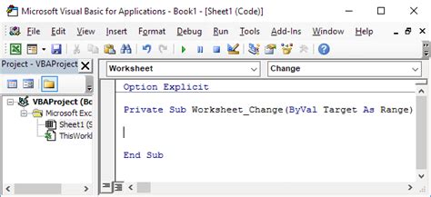 Excel vba worksheet change event.  In the Visual Basic Editor you must first do...