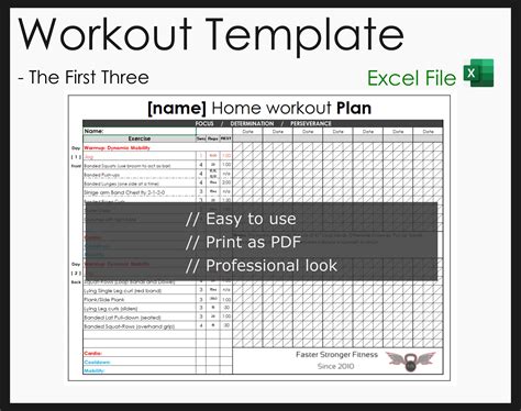 Excel workout template. Download. ⤓ Excel (.xlsx) For: Excel 2007 or later. License: Private Use (not for distribution or resale) Description. This image (Screenshot #1) shows a print preview of a 6-day / 5 … 