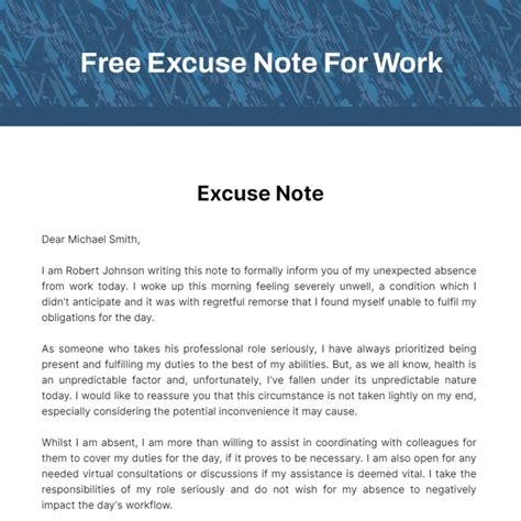 Excuse Note For Work Sample Master Template