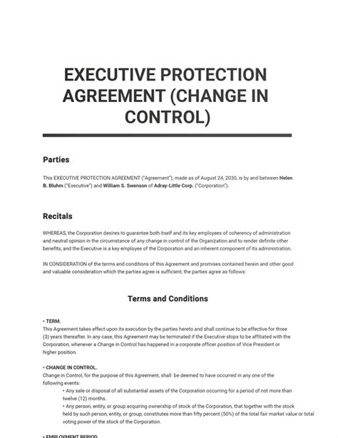 Executive Protection Agreement Change in Control Template in Word